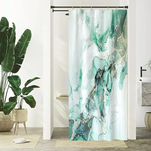 Uiiooazy Rideau Douche Anti Moisissure, Rideau de Douche Étroit 90x180cm Turquoise Or Effet Marbre Vert Petit Rideaux de Baignoire Tissu Lavable Imperméable Polyester Rideaux de Bain avec 6 Crochets
