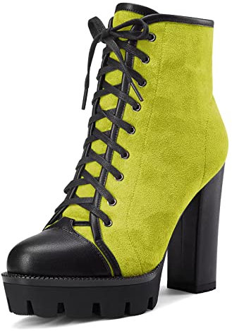 HDEUOLM Mujer Alto High Chunky Ancho Plataforma Heel Redonda Punta Cordones Cremallera Botines Zapatos Verde Lima 36 EU