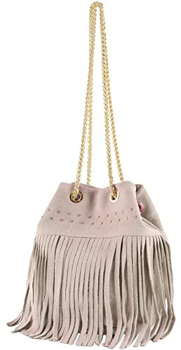 modamoda de T244 Damen Schultertasche Wildleder mit Fransen und Goldkette handmade in Italy, Farbe:Rosabeige