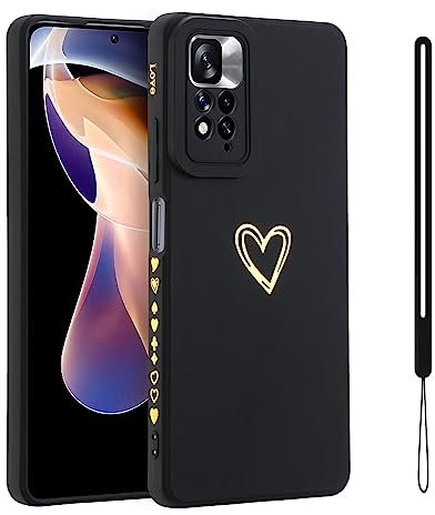 ESONG Handyhülle für Xiaomi Redmi 10 4G/Redmi 10 2022 4G,Dünn Weiche TPU Silikon Telefonhülle Cover mit Süße Liebe Herzform/Handschlaufe,Stoßfest Bumper Schutzhülle Case für Mädchen/Frauen-Schwarz