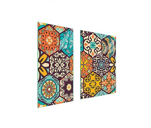 TMK ArtDeko Copri piano cottura induzione 75 x 52 cm copertura per piano cottura in vetroceramica 2 pezzi universale per piastre di cottura paraspruzzi tagliere in vetro temprato, Mosaico