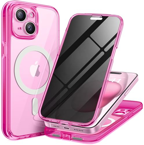 TIESZEN for iPhone 15 Plus Case, Compatible with MagSafe, Built-in Privacy Screen Protector and Camera Protection, Anti Spy Full Body Dustproof Shockproof Hard Phone Case 6.7, Bright Pink