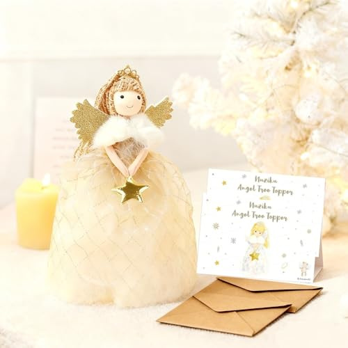Angel Tree Topper,26 cm High Angel Topper Christmas Tree Decorations with Greetings Card and Envelopes,Christmas Trees Fairy Topper for ChristmasTrees Decorations and Home Decor