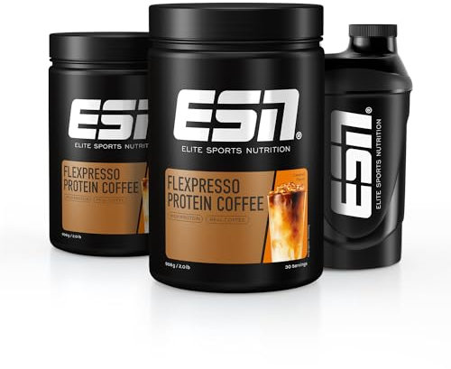 ESN Flexpresso Protein Coffee + Gratis Shaker, Karamell, 2 x 908 g, Cremiger Protein-Kaffee mit bis zu 22 g Protein pro Portion - made in Germany