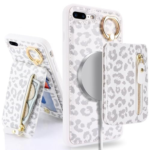 SailorTech Case for iPhone 7 Plus/8 Plus with Card Holder, Ring Stand, Kickstand, Card Slots, Wallet, Detachable 2-in-1 Zipper Case - White Leopard