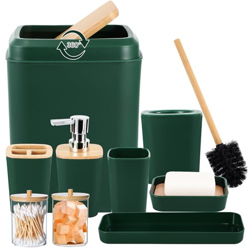 XLHOMO Dark Green Bathroom Accessories Set 9 Piece Bathroom Accessory Set with Trash Can,Toothbrush Holder,Toothbrush Cup,Lotion Soap Dispenser,Vanity Tray,Soap Dish,Toilet Brush,Qtip Holder