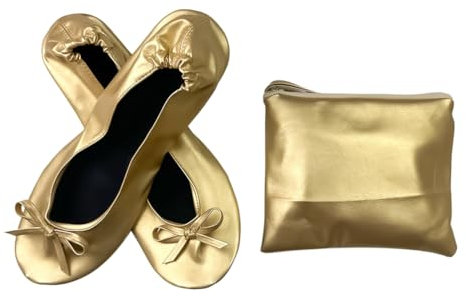 Minetom Damen Mädchen Faltbare Ballerina Bequem Flache Ballerinas Casual Komfort Weich PU Leder Party Hochzeit Schuhe mit Tragetasche A Gold 39/40 EU