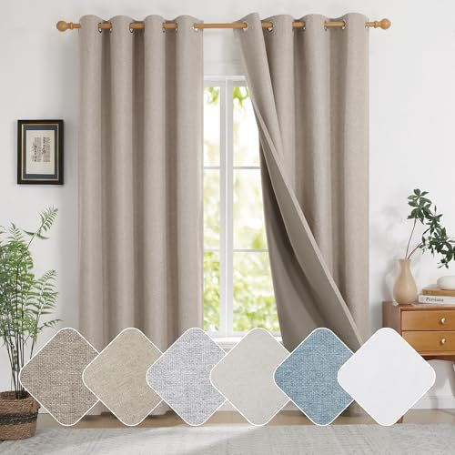 Deconovo Total Blackout Curtains Eyelet, Faux Linen Thermal Curtains for Living Room with Microfiber Back Layer, 52 x 84 Inch, Khaki, 2 Panels