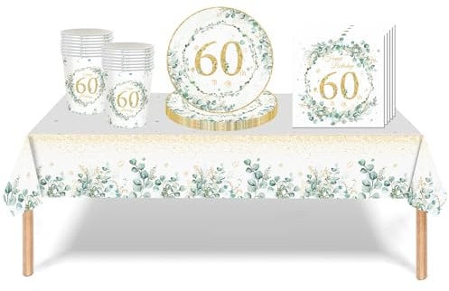 53Pcs Sage Green 60th Birthday Party Tableware Decorations, Table Cloth Plates Napkins Cups Sets for Women Him Men Birthday Table Decor Gifts Dinnerware
