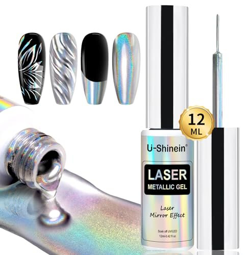 U-Shinein Metallic Painting Gel, Nail Art 3D Mirror Effect Gel Nail Polish, Painted Drawing Gel, Build in Thin Brush Soak Off Silver Gel for Salon Home DIY Manicure, Laser Silver