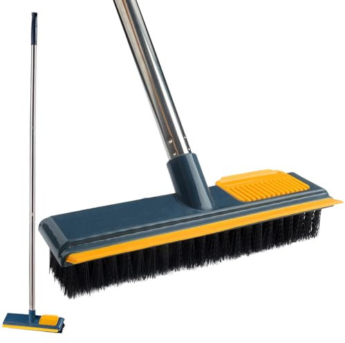 Roellgs Long Scrubbing Brush with adjustable long handle, squeegee and bristles 2 in 1 for cleaning bathrooms, tiles, garages, walls and swimming pools (green)