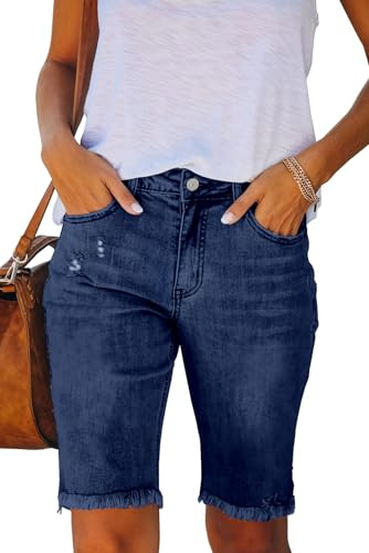 Necooer Damen Sommer Kurze Jeans Elegante Fransen Saum fünf Punkte Mode einfache Jeans(XL,10-Dunkel Blue)