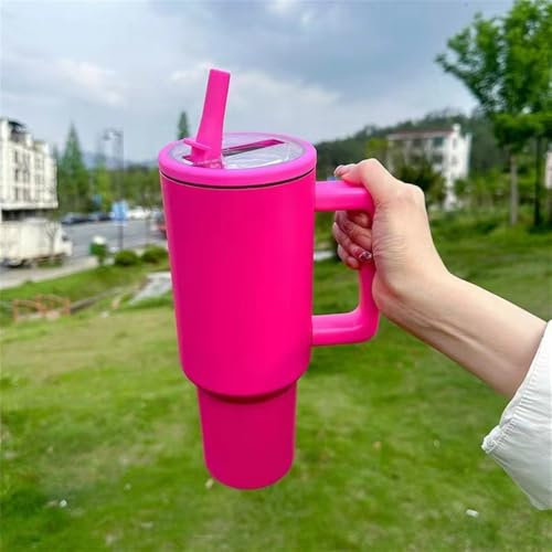 Besot Gobelet à paille de 1200 ml avec bouchon à rabat avec poignée pour porte-gobelet de voiture, tasse à eau anti-fuite en acier inoxydable 304 – Bouteille d'eau de voyage... (Rose Rouge)