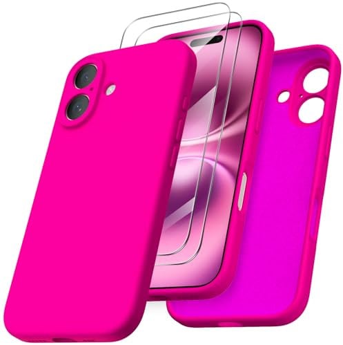 ORNARTO Compatible with iPhone 16 Case, Shockproof with Screen Protectors, Waterproof Liquid Silicone Rubber Full Cover Protective Case for 6.1 inch-Hot Pink