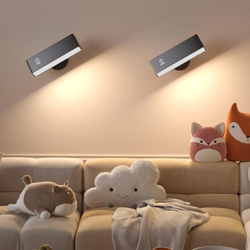 YiLaie 2 Pezzi Applique LED da Parete Interno, Lampada da Parete a LED Moderna con Ruotabile a 360°, Magnetica, Controllo Touch, Lampada Senza Fili, Lampada a Batteria, Applique Camera da Letto