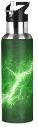 Yopersonalizes Insulated Water Bottle with Straw 600 ml/20 oz Cool Green Lightning Stainless Steel Sports Water Bottles Leakproof Hot Cold Metal Drink Flask for Travel Gym