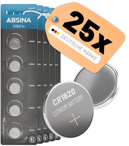 ABSINA 25x Pile CR1620 Bouton 3V - CR1620 Pile Lithium 3V Anti-Fuite & Longue durée - CR1620 Pile Clef Voiture, Pile telecommande Voiture, Pile Bouton Lithium, Petite Pile Plate
