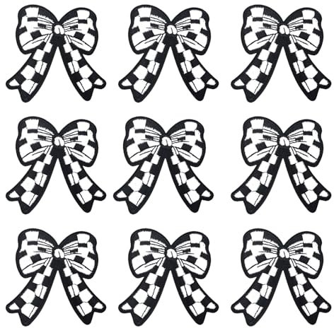9pcs Bow Patches, Cute Black Bow Knot Iron on Patches for Clothes Bowknot Patch Sticker Iron on Patch Checkered Embroidery Applique Ironing Patches Sew on Decorative Patches for Jeans Jackets