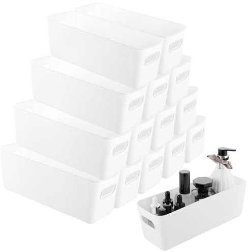 YAYODS 15 unidades de cajas de almacenamiento de plástico – 27 x 9,5 x 9 cm blanco organizador de almacenamiento con asas – cestas apilables – Cesta de almacenamiento para cocina, baño, armario
