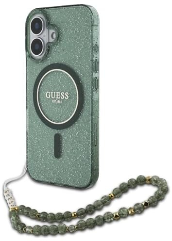 CG MOBILE Guess GUHMP16MHGCRELSA Hülle für iPhone 16 Plus 6.7 Grün hardcase IML Glitter with Pearl Strap