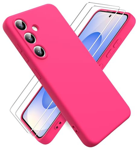 Ikziwreo Cover per Samsung Galaxy S25, 2 Proteggi Schermo in Vetro Temperato,Custodia in Silicone Morbido TPU Liquido,Case Protettiva Gomma Antiurto - Rosa Brillante