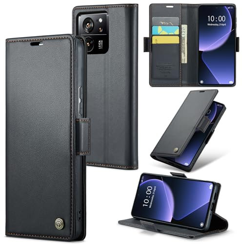 Rerzoiro Handyhülle für Xiaomi 13T/13T Pro Hülle, Premium PU Lederhülle Klappbar Flip Case [RFID Blocker] Tasche Magnet Kartenfach Klapphülle Schutzhülle für Xiaomi 13T/13T Pro, Schwarz