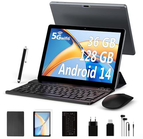 FLYCOAY Android 14 Tablet 10 Pollici Otto-core 2.0GHz, 5G WIFI 6, 36GB RAM+128GB ROM (TF 1TB), Batteria da 8000mAh, OTG/Bluetooth 5.0, Tablet con Tastiera, Mouse (Grigio)