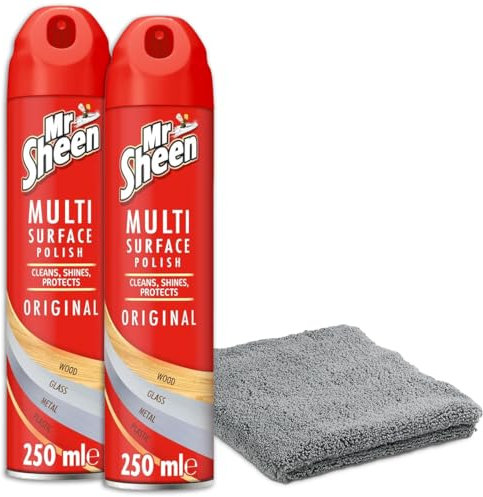 Mr Sheen Multi Surface Polish Spray Original 250ml Pack of 2 with Microfibre Cloth – Wood, Glass & Furniture Spray for Dust Repellent Shiny Finish