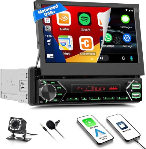 Autoradio 1 Din avec Carplay sans Fil Android Auto Bluetooth Dab+ écran motorisé rétractable de 7 Pouces, Type-C, USB/AUX/TF/FM, Mirrorlink, Commandes au Volant SWC + Micro et caméra de recul