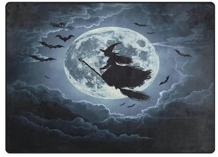 Mnsruu Großer Teppich, 160 x 122 cm, Halloween-Fliegende Hexe, Fledermäuse, Bodenmatte, modernes Wohnzimmer, Schlafzimmer, weicher Teppich