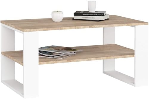 AKORD Couchtisch Holz Alex mit einem Regal, 92x45x53cm, Für Wohnzimmer, Schlafzimmer Schrank, Minimalistisch Modernes Design, Schichtstoffplatte 16mm, Farbe Sonoma-Eiche & Weiß