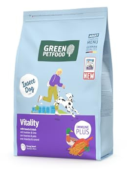 Green Petfood InsectDog Vitality | 5X 900g | Adult | Hundefutter trocken | Insekten & Ente | Premium Trockenfutter für ausgewachsene Hunde | glutenfrei | mit Vitamin E & C | niedriger Fettgehalt