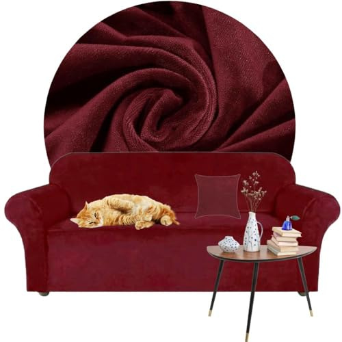 Domidekor - Sofa Überzug Bordeaux - Couch und Sofabezug 4 Sitzer - Sofaüberwurf für Wohnzimmer - Sesselbezug Stretch - Elastische Samt Couchbezug - Breite 235-300cm - Oeko-Tex 100