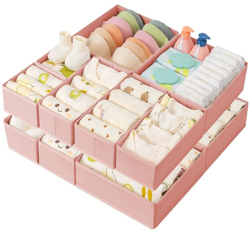 DIMJ Organizer per Cassetti Organizer per Armadio, Divisori per Cassetti Separatori per Cassetti Organizzatore Cassetti, per Calze, Biancheria Intima, 10 Pezzi (Rosa) | 10 scatole impilabili in tessuto, per vestiti di neonati, calze, reggiseni, cameretta dei bambini, colore rosa