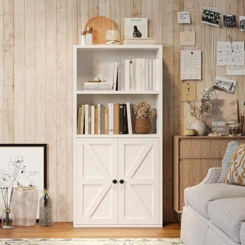 Nordivale Bücherregal mit Türen, Bücherregal Weiß aus Holz, Bücherschrank mit 4 Ebenen, Standregal, für Wohnzimmer, Schlafzimmer, Büro, Arbeitszimmer