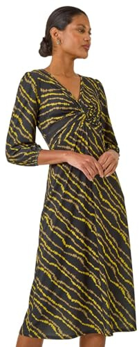 Roman Originals Fit and Flare Dress for Women Ladies Chest Twist Knot Ruched Tea Skater Empire Waist Wedding Guest Smart Casual Swing Midi 3/4 Long Sleeve Knee Length - Yellow - Size 14