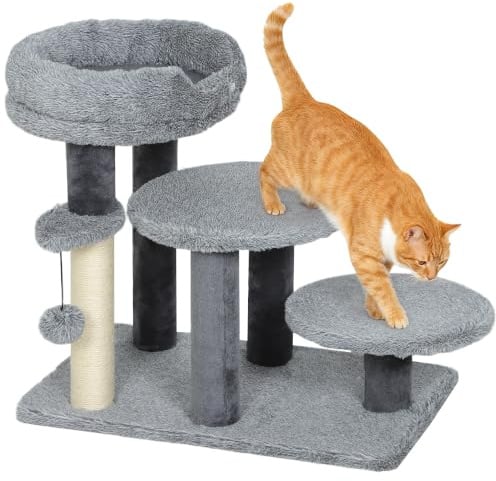 PawHut Katzentreppe 3-stufige Katzen bis 5 kg Bett 60 x 40 x 56 cm Grau | Haustiertreppe, Ball, Hundetreppe, Tiertreppe, Plüsch