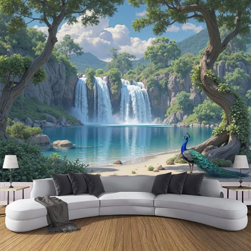 Wasserfall Pfau Fototapete Natürliche Landschaft Modern Design Tapete Seide für Wohnzimmer Schlafzimmer 200 x 140 cm
