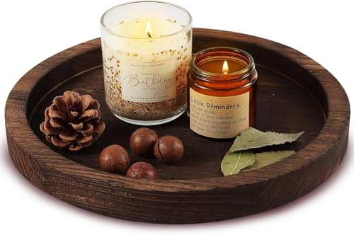 GIOTUK Round Wooden Tray Dark Oak 30cm Solid Wood Serving Tray Rustic Coffee Table Decorative Candle Plate for Home Kitchen & Living Room (1)