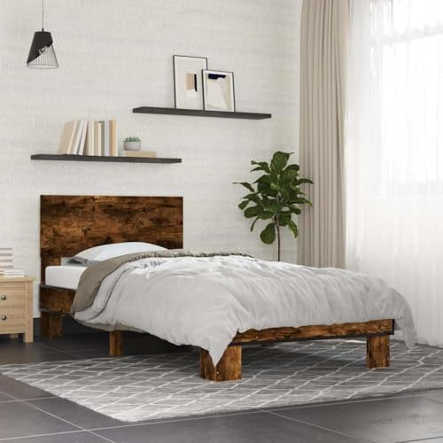 QJBSAVVA Bettgestell Räuchereiche 100x200 cm aus Holzwerkstoff & Metall mit Kopfteil, Lattenrost und 100 kg Belastbarkeit, Modernes Schlafzimmer Möbel für Jugendzimmer und Gästezimmer
