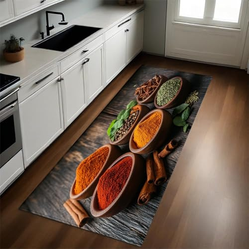 Brown Flur Läufer Teppich 50x150 cm Holztisch und Gewürze rutschfest Waschbar Küchenläufer Schmutzabweisend Saugfähig Modern Pflegeleicht für Küche und Wohnraum