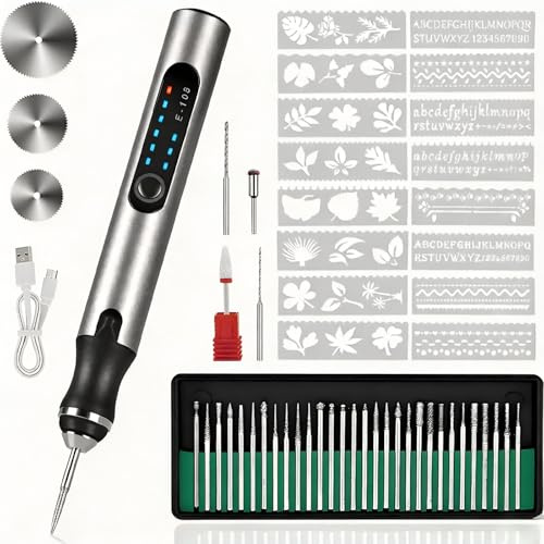 AURIVEE® Penna Incisione Elettrica Ricaricabile – 3 Velocità 5000-18000 giri/min, USB-C, 37 Accessori + 16 Stencil, Protezione Sovraccarico per Legno Vetro Metallo Pietra
