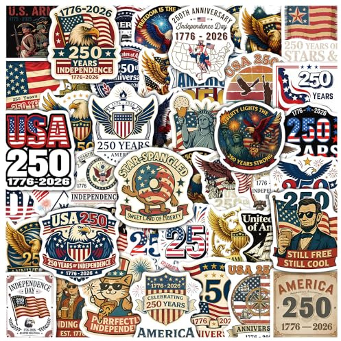 America 250th Anniversary Aufkleber 50 Stück Vinyl Lustige 1776-2026 Jubiläum Theme Stickers für Laptop Wasserflasche Kindle Skateboard Gepäck,Wasserfeste Aesthetic Stickers für Erwachsene Mädchen