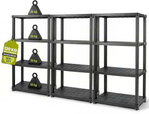 Kreher® Kunststoffregal „Neo“ mit 4 Böden - Steckregal für Haushalt, Keller & Garage - Standregal, Lagerregal & Aufbewahrungsregal - Schwarz oder Grau - Set auswählbar (Schwarz, 3)