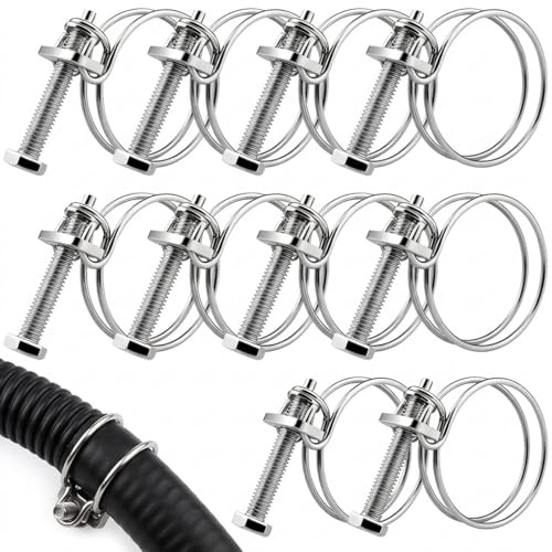 Double Wire Hose Clips, 10 Piece Set of Stainless Steel Hose Clamps, Adjustable Pipe Clamps for Plumbing and Automotive Applications, 36-40mm Pipe Clips for Industrial and Home Use