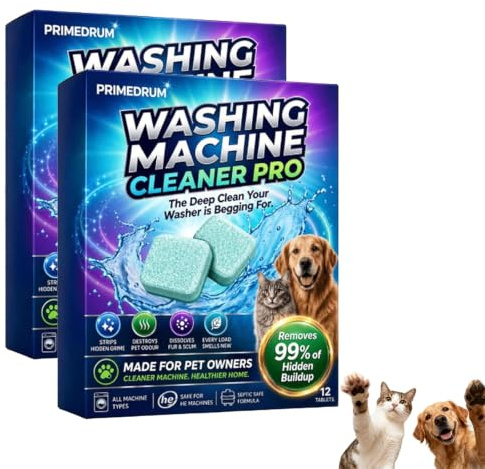 PrimeDrum Washing Machine Cleaner Pro Tablets, 12 Pieces Enzyme Washing Machine Cleaners, Clean the Inner Drum and Laundry Tub Seal, Helps to Temove Pet Hair, for All Washing Machines (2 PCS)