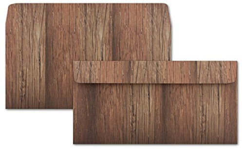25x Design-Briefumschläge in Natur-Holz-Optik DIN lang, 11 x 22 cm, Farbe: braun Haftklebung mit Abziehstreifen 3 Jahre Garantie auf Klebung