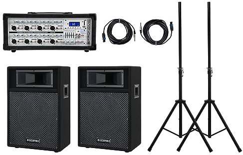 Pronomic StagePower PM83-110 PA Set - Kompakte Gesangsanlage mit Powermixer (USB/SD/Bluetooth MP3-Player) und 10 Speakern - 8 Kanäle - Set inkl. EIN Paar Boxenstative & Boxenkabel