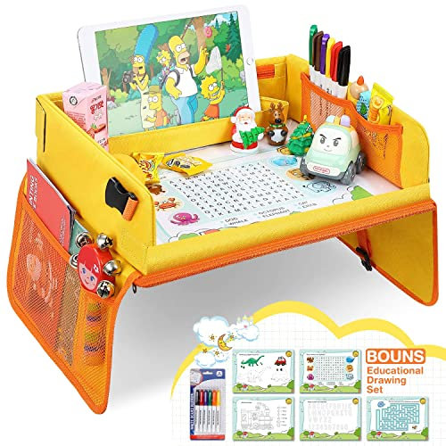 Jojoin Mesa Coche para Niños, Tablero Impermeable del Coche, Mesa para Niños en la Asiento de Coche, Bandeja para Coche, Cochecito, Avión - 5 Papel de Dibujo, 6 Pluma de Color ect. (A)