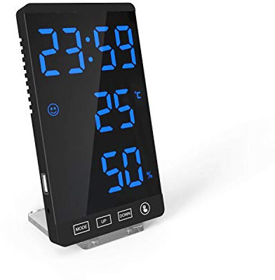 DollaTek Smart Mirror LED-Uhr Dekoratives Telefonladegerät Wecker 4-stufige Helligkeits-Digitaluhr mit Wettertemperaturanzeige - schwarze Schale und blaue Digitalanzeige
